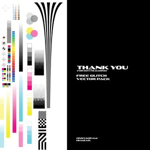 K&ouml;nnte beinhalten: Ein wei&szlig;-schwarzes Grafikdesign mit einer Vielzahl von Farbmustern, einem Halbtonmuster und einer Reihe von Linien. Der Text "THANK YOU FOR DOWNLOADING! FREE GLITCH VECTOR PACK INSTAGRAM: HUMZAH." befindet sich auf einem schwarzen Hintergrund.