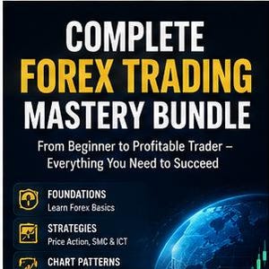 May include: A digital graphic titled COMPLETE FOREX TRADING MASTERY BUNDLE. It lists six modules: Foundations, Strategies, Chart Patterns, Risk Management, Roadmap, and Practice & Journaling, alongside a blue globe and a green and red candlestick chart.
