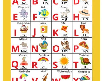 Uroczy plakat z alfabetem dla dzieci - edukacyjna sztuka ścienna ABC do pokoju zabaw lub pokoju dziecięcego - wydruk