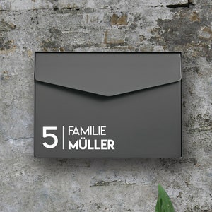 Könnte beinhalten: Ein grauer Metallbriefkasten mit einer weißen Klappe und einem weißen Etikett mit der Aufschrift "5 Familie Müller".