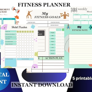 Könnte beinhalten: Ein druckbarer Fitnessplaner mit fünf Seiten. Die Seiten beinhalten einen Mess-Tracker, einen Habit-Tracker, Fitnessziele, einen Aktionsplan und Fitnessnotizen. Die Seiten sind mit floralen Illustrationen und bunten Akzenten verziert.