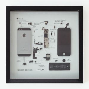 Puede incluir: Un iPhone 6S desmontado, mostrando todos sus componentes, incluyendo la placa base, la batería, la cámara y la pantalla. El teléfono está dispuesto sobre un fondo blanco con etiquetas para cada pieza.