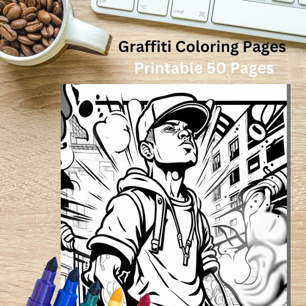 50 Abstract Graffiti, Printable Digital Download, Adult and Children Coloring Pages
