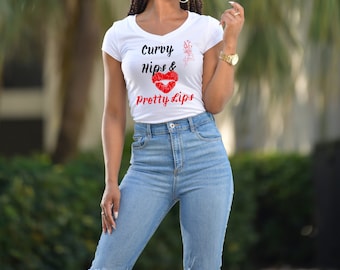 Curvy Hips and Pretty Lips, Fun T-shirts, Flirty, T-shirts, Women&#39;s Jersey Short Sleeve Deep V-Neck Tee