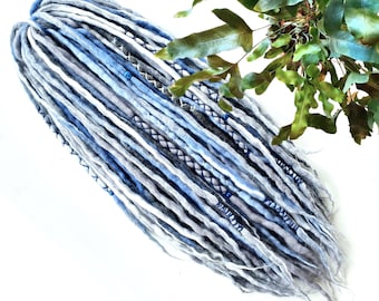 Merino Wool Dreadlocks DE Extensions, Gray Blue White Mix
