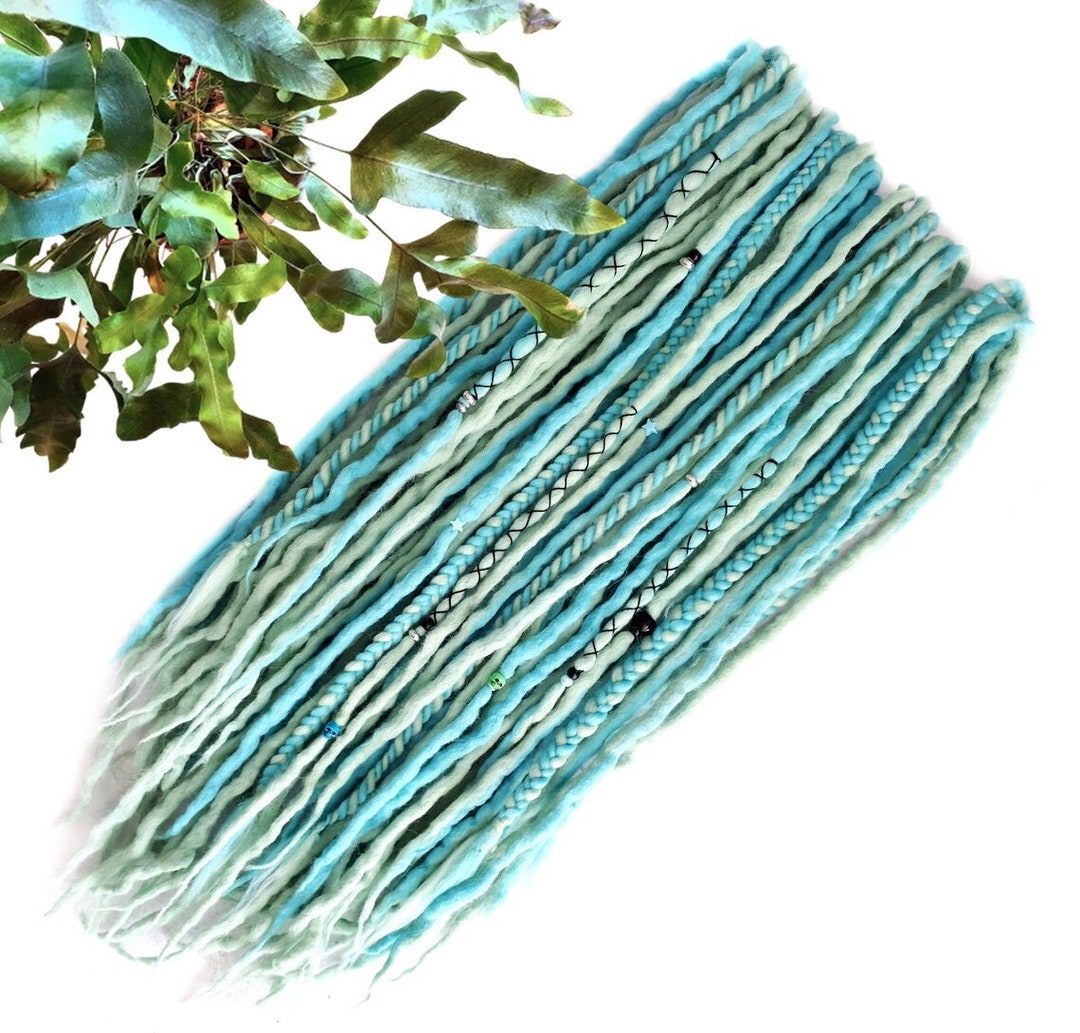 Wool Dreadlocks Dreads DE Extensions Pastel Mint Turquoise Blue Mix