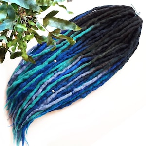 wool dreadlocks dreads DE extensions ombre black  blue soft full set SHORT medium LONG double ended 30/40/50/60 pieces