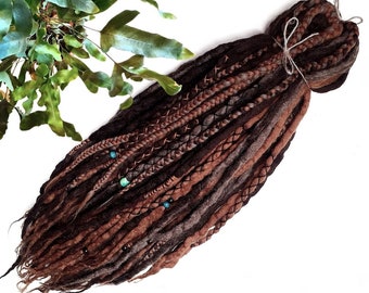 wool dreadlocks dreads DE extensions light dark brown melange braids mix soft full set SHORT medium LONG double ended 30/40/50/60 pieces