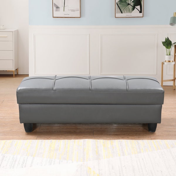 Zinc PU Leather Ottoman Bench, Hidden Storage Area, Faux Leather Living Room Furniture. Black or Grey