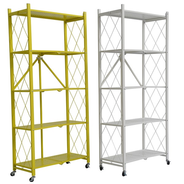 5 Tier Metal Folding shelf with Wheels. Storage Rack for Bedroom, Office, Garage in Red, Yellow, Grey and White