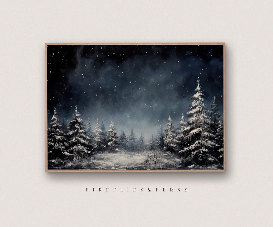 Winter Forest Wall Art Print, Christmas Woodland Snow Scene, Moody Dark