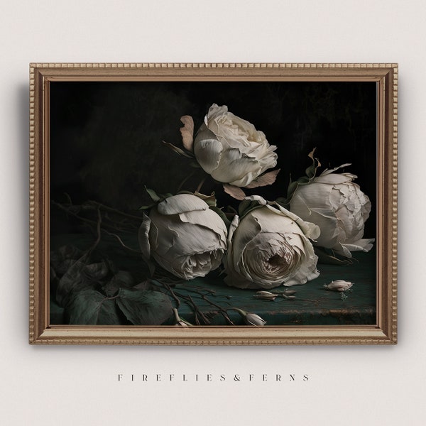 Decaying White Roses - Dark Floral Wall Art Print, Moody Vintage Roses, Dark Aesthetic Decor, Dark Academic Print, Printable Download 709