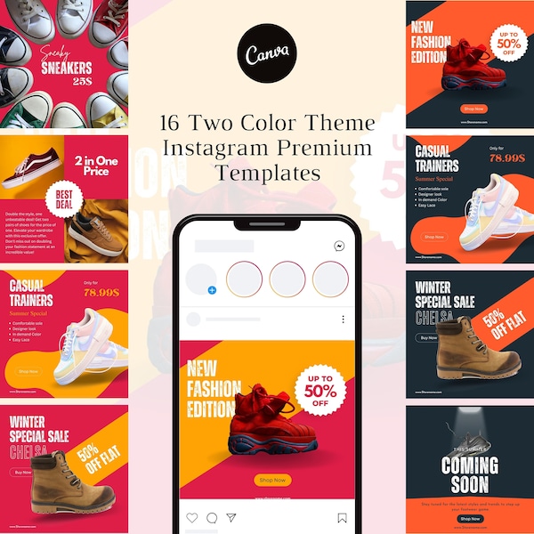 16 Sneakers and casual shoes canva Instagram template | Editable canva template | Shoes Instagram posts | Instagram templates