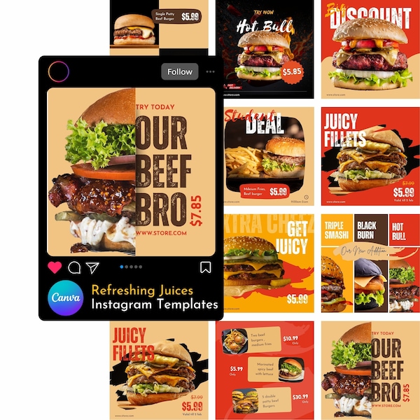 10 Premium Burgers Instagram templates | Fastfood Canva Instagram templates | Editable canva templates | Burgers Instagram | Food Instagram