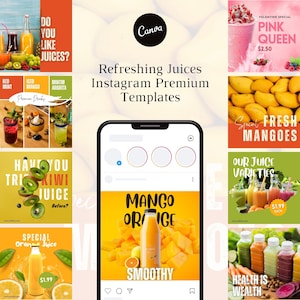 May include: A collage of Instagram post templates for a juice bar. The templates feature images of fresh fruit, juice bottles, and text that says "Refreshing Juices", "Mango Orange Smoothie", "Special Orange Juice", "Have You Tried Kiwi Juice", "Our Juice Varieties", "Pink Queen", "Fresh Mangoes", "Health is Wealth", and "Do You Like Juices?"