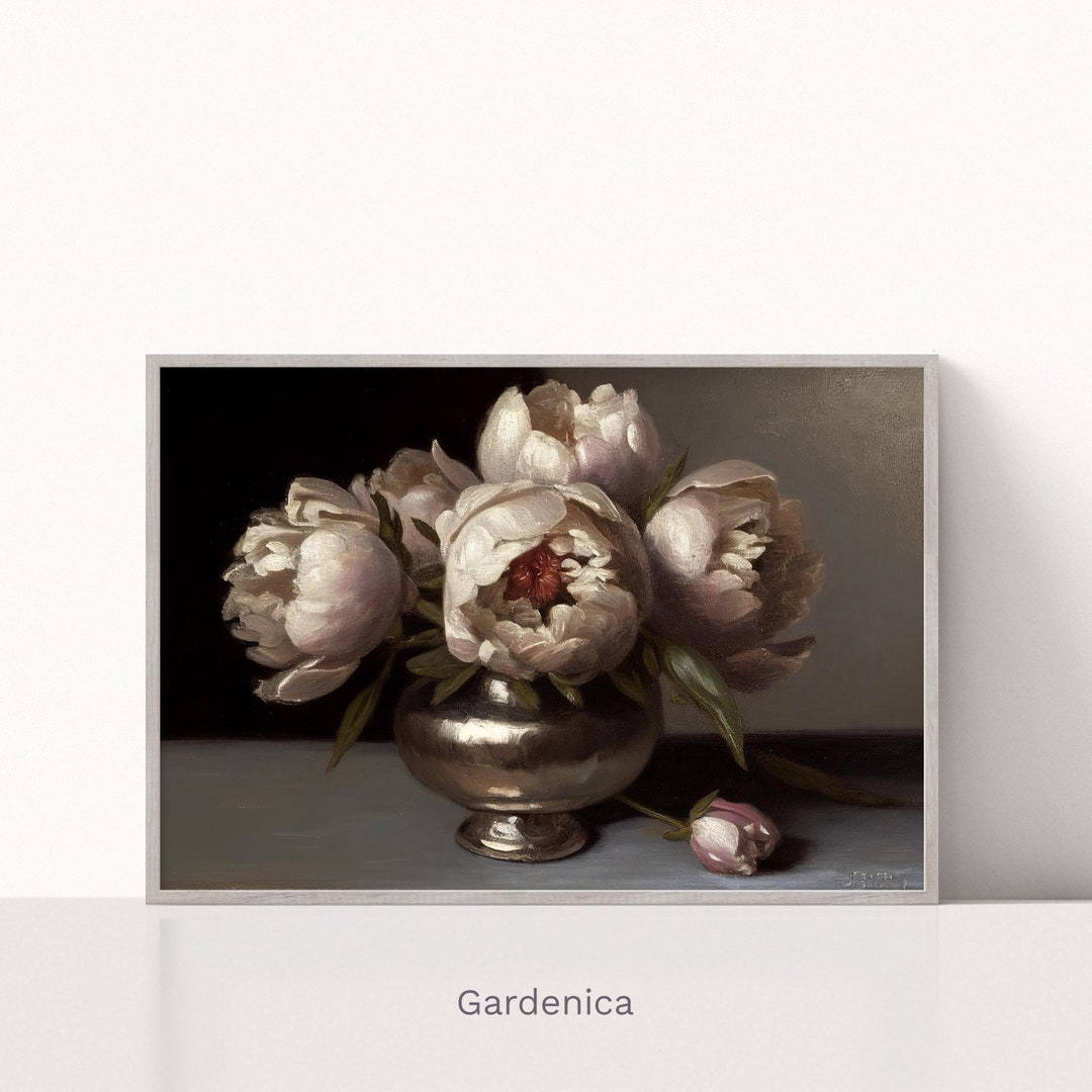 Moody Still Life Painting, Vintage Peony Print, Dark Floral Oil ...