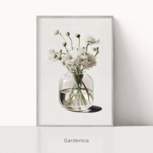 Watercolor Bouquet Print, Glass Vase with White flowers, Flower Still Life, Minimalistic Art, Neutral Print, Printable Art, Digital Download