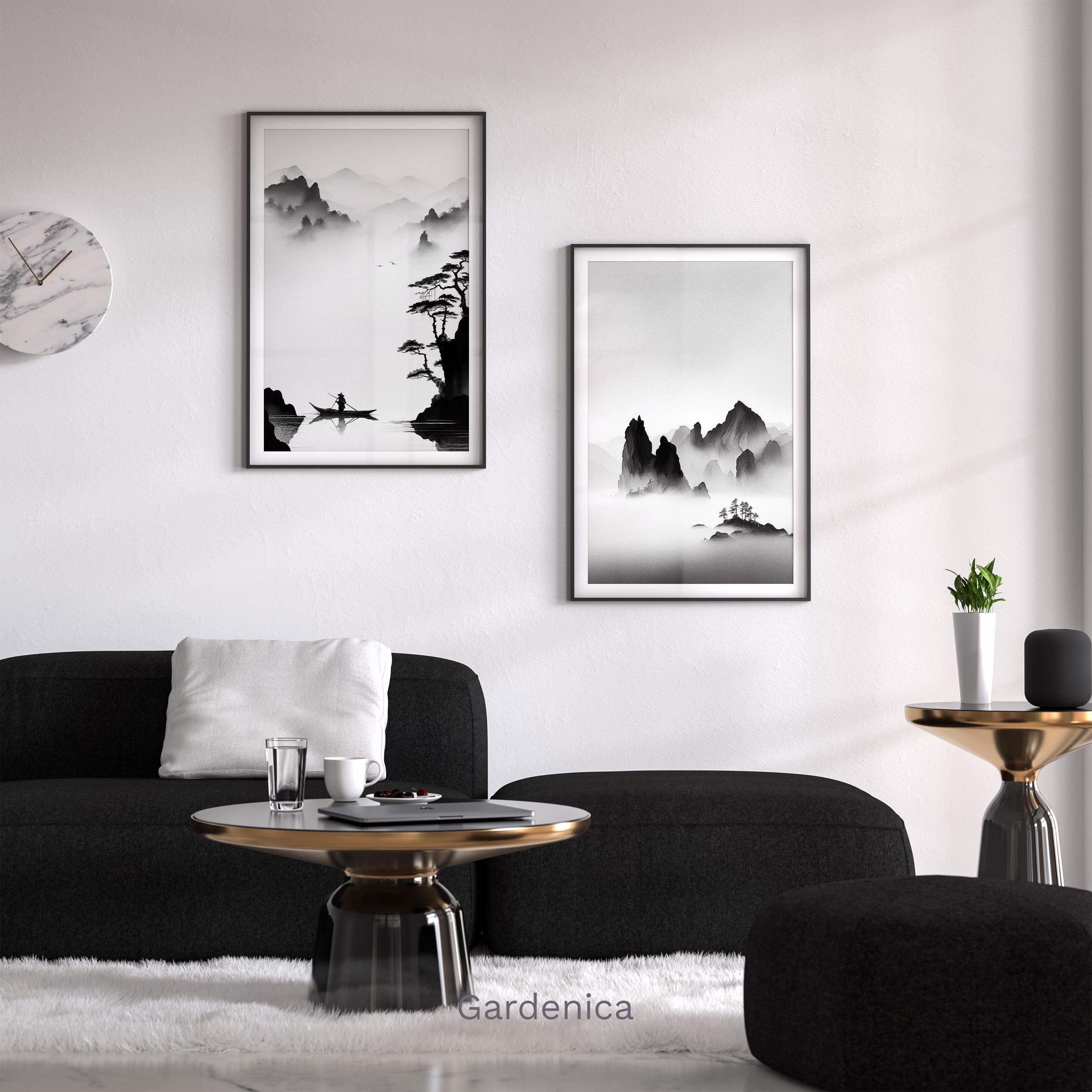 Black and White Japanese Art, Set of Two Asian Landscape Paintings, Ink ...