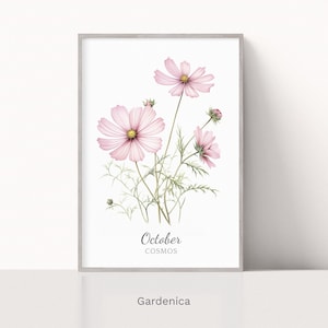 Cosmos October Birth Flower Watercolor Print, Minimalistic Floral Art, Birthday Gift, Instant Download