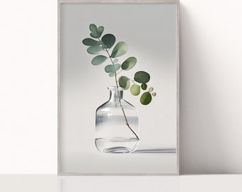 Eucalipto de acuarela en una impresión de jarrón de vidrio, arte verde salvia, decoración minimalista de impresión botánica de acuarela, arte imprimible, descarga digital