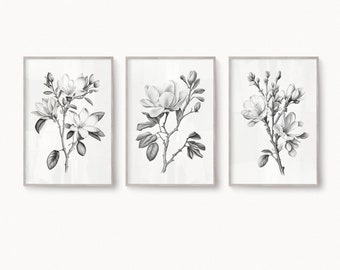 Set of Three Flower Branches Art, Pencil drawing, Peach Jasmin Magnolia, Minimalistic Print, Monochromatic, Digital Printable Download