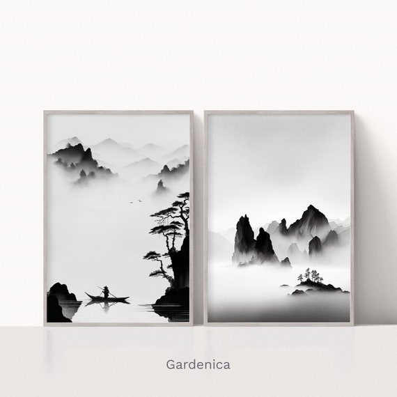 Black and White Japanese Art, Set of Two Asian Landscape Paintings