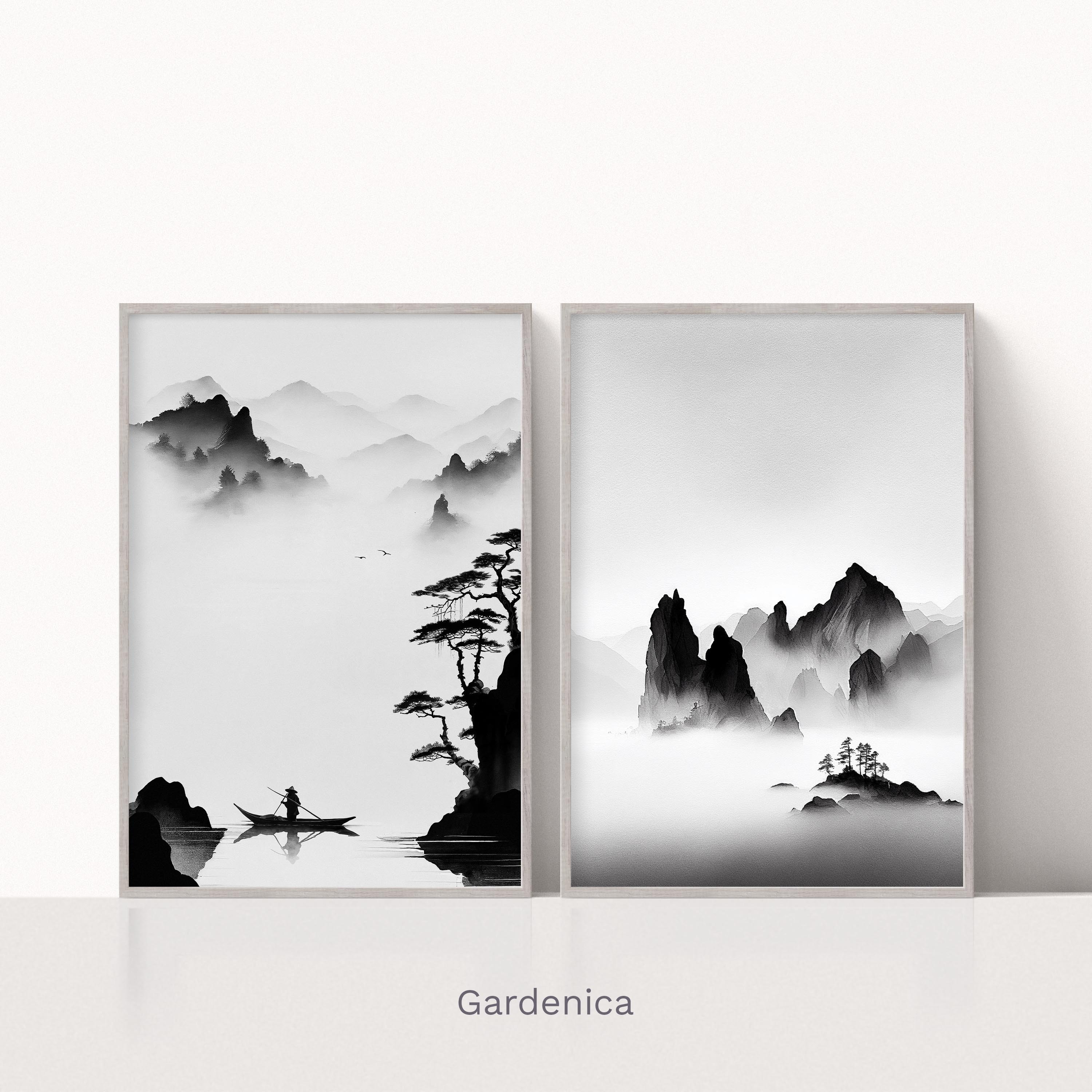 Black and White Japanese Art, Set of Two Asian Landscape Black and White Japanese Art, Set of Two Asian Landscape