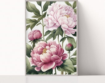 Pink Peonies Watercolor Painting, Flower Art Print, Floral Wall Decor, Summer Vibe, Printable Digital Art, Botanical Prints