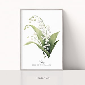 Lily of the Valley May Birth Flower Watercolor Print, Minimalistic Floral Art, Birthday Gift, Instant Download