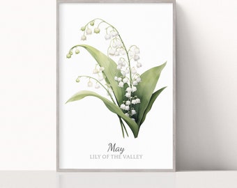 Lily of the Valley May Birth Flower Watercolor Print, Minimalistic Floral Art, Birthday Gift, Instant Download