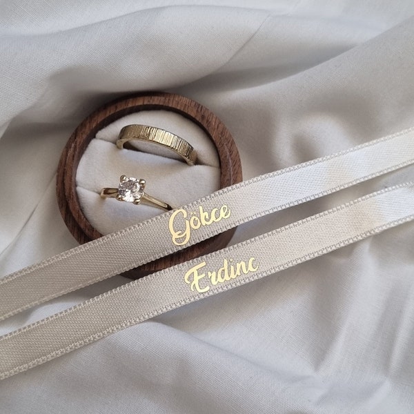 Selnes Bague personnalisée blanc crème en satin Söz & Nisan | Kurdélé beige | Fiançailles | mariage | Mariage | Ruban cadeau | or