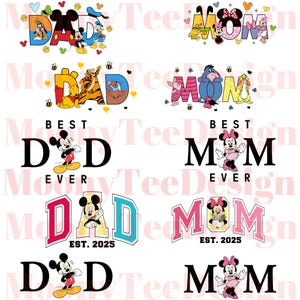 Puede incluir: Una colección de diseños gráficos coloridos con las palabras "DAD" y "MOM" y personajes de Disney como Mickey Mouse, Donald Duck y Winnie the Pooh. Algunos diseños incluyen "BEST DAD EVER" y "BEST MOM EVER".
