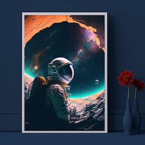 Astronaut im Weltraum, Astronaut Poster, Weltraum Poster, Geschenk für Ihn, Fantasy Poster, Astronaut Wandkunst, Weltraum Wandkunst, Mann-Höhlen-Kunst