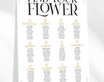 May include: A wedding seating chart with the text "Find Your Flower" in elegant black script. The names of guests are listed under floral headings like "Honeysuckle" and "Geranium" in gold. Decorative floral elements frame the text.