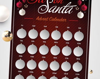 May include: A rectangular advent calendar with a dark red and black striped background. The text reads Sit on Santa Advent Calendar. It features twenty-four white circular ornaments arranged in a grid, each labeled with a date from 1st to 24th.
