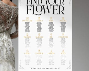 May include: A white wedding seating chart on an easel with gold lettering. The text reads "Find Your Flower" and lists names under flower names like "Honeysuckle" and "Geranium". The bottom reads "Thank you for making our day so special."