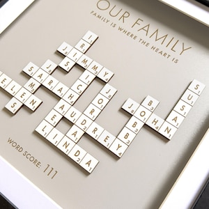 May include: A framed family name art piece. The artwork features names spelled out with Scrabble tiles, including "Helen", "Sarah", "Audrey", "John", and "Linda". The text "Our Family" and "Family is where the heart is" are also displayed.