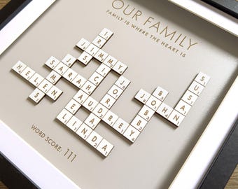 May include: A framed family name art piece. The artwork features names spelled out with Scrabble tiles, including "Helen", "Sarah", "Audrey", "John", and "Linda". The text "Our Family" and "Family is where the heart is" are also displayed.