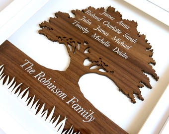 May include: A framed wall art piece featuring a dark brown wooden cutout of a tree with white text engraved on the leaves reading James, Anna, Richard, Charlotte, Sarah, Julia, James, Michael, Timothy, Michelle, Deidre and The Robinson Family.