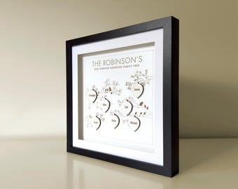 パーソナライズされた家系図アート、レーザー彫刻された木材、カスタムネーム