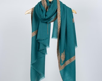 Elm Blue Sozni Pashmina Shawl: Hand-Embroidered Kashmiri Cashmere Wrap (40x80&quot;)