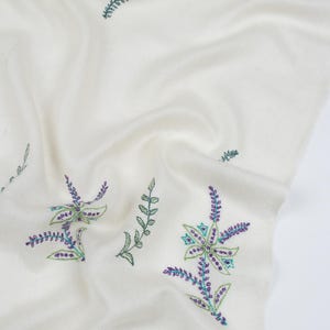White Hand Embroidered Real Kashmiri Pashmina Shawl - Pure Sozni Winter Wool Wrap, 28x80&quot;