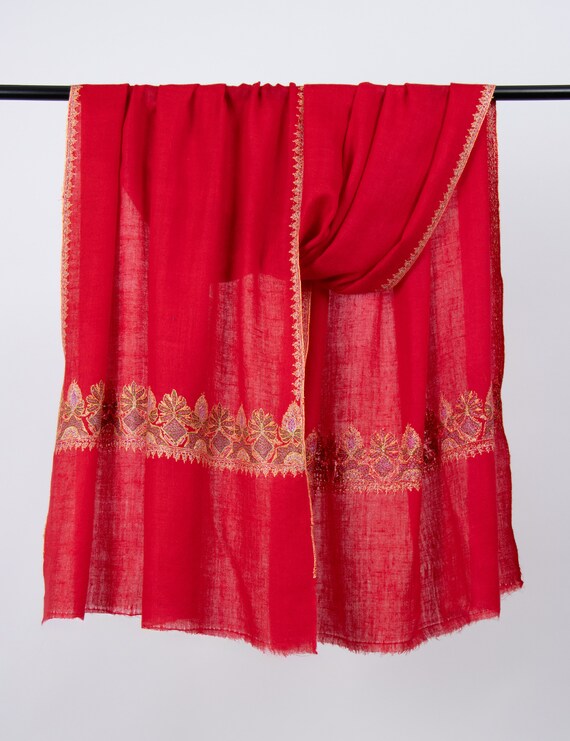 Châle Pashmina 100% Cachemire Rouge - Brodé Main Sozni - Écharpe De Luxe Pour Toutes Occasions