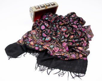 Black Jamawar Pashminas Shawls, Indian Embroidery Wraps, Exclusive Birthday Gifts, Cashmere Scarves, Hand Embroidered Shawl, Gifts 40x80"