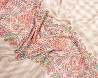 Kashmiri Embroidered Natural Pashmina - Handwoven Paper Mache Inspired Ring Shawl, 40x80"