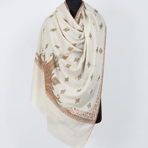Luxurious Ivory Kashmiri Shawl - Handwoven Jaal Sozni Embroidered Cashmere Wrap - Gift for Her, 40x80&quot;