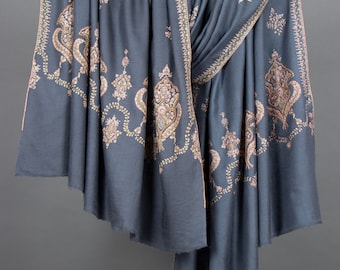 Grey Cashmere Shawl: Kashmiri Embroidered Pashmina Scarf, Handmade 40x80&quot;