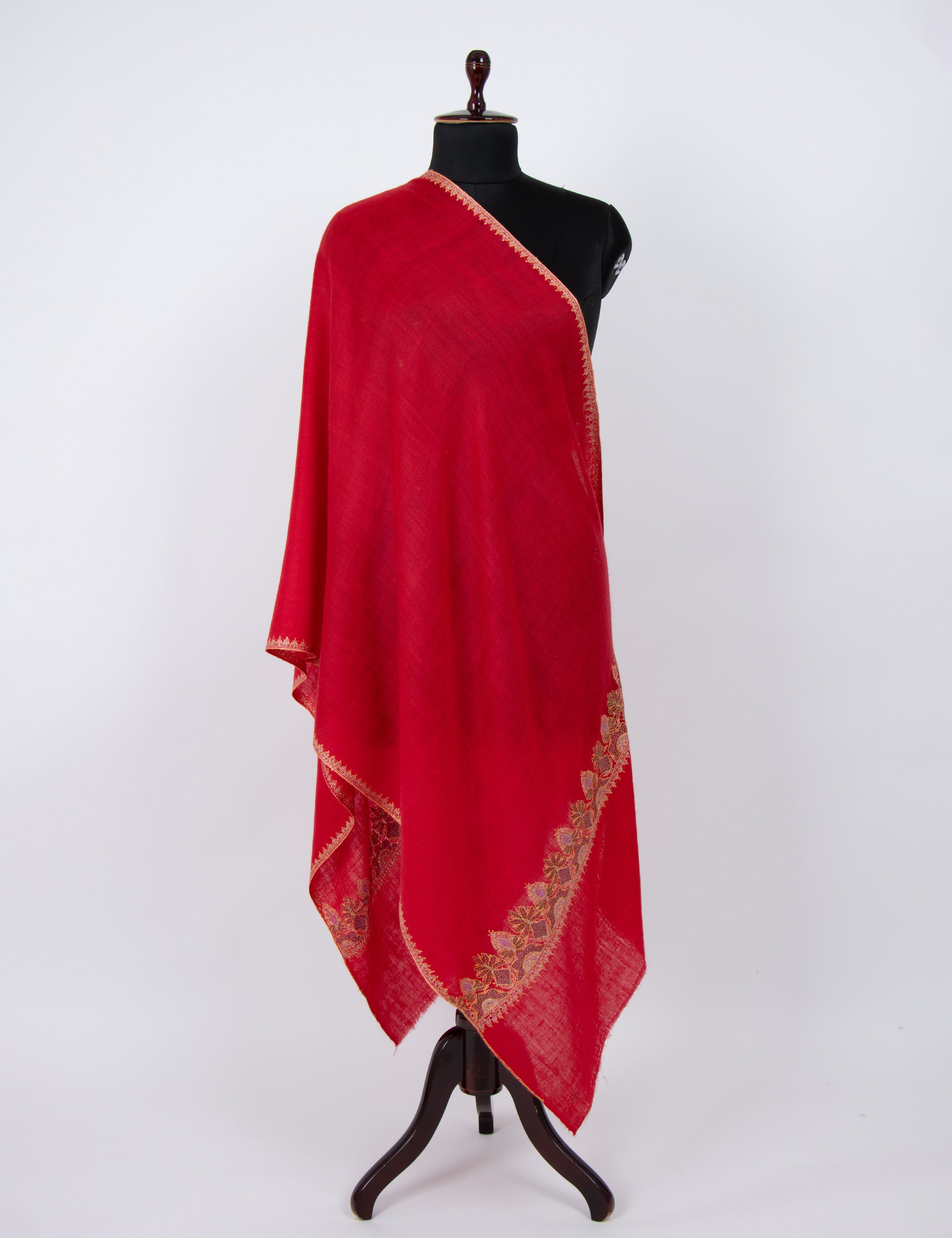 Châle Pashmina 100% Cachemire Rouge Profond Brodé Main, Sozni, Neuf Avec étiquettes