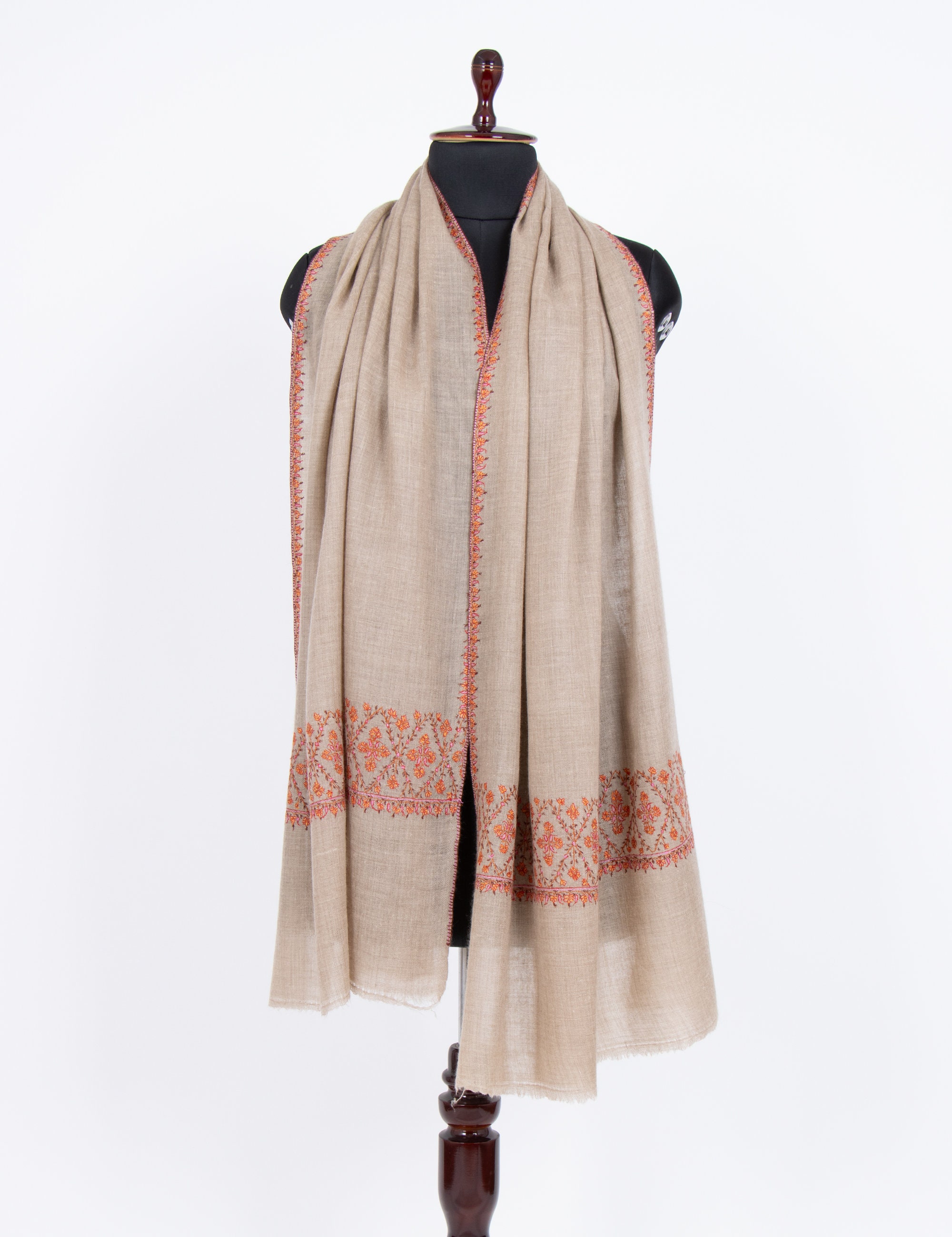 Hand Embroidered Pashmina Shawl: Beige Cashmere Scarf, Zati Sozni