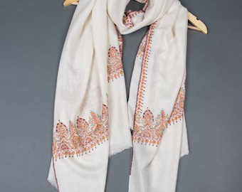 Elfenbensfärgad pashminasjal: Handbroderad kashmirisk pashminasjal